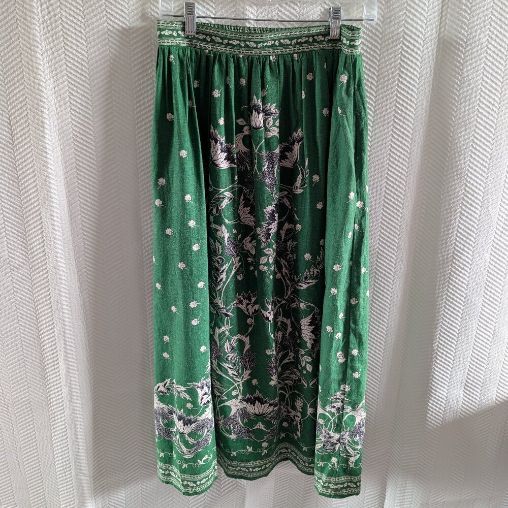 Max Studio London Linen Blend Midi Skirt Green Botanical Print Size Small Boho